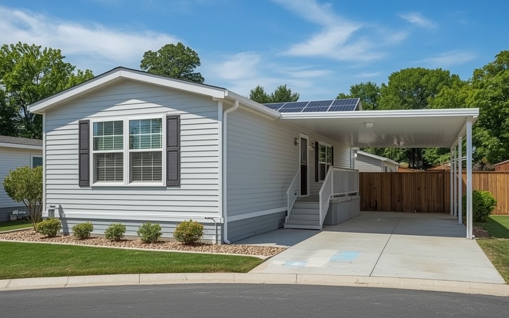 A manufactured home with solar panels under a sunny sky