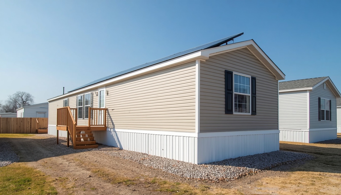 A manufactured home on a non-permanent foundation with solar panels installed on the roof