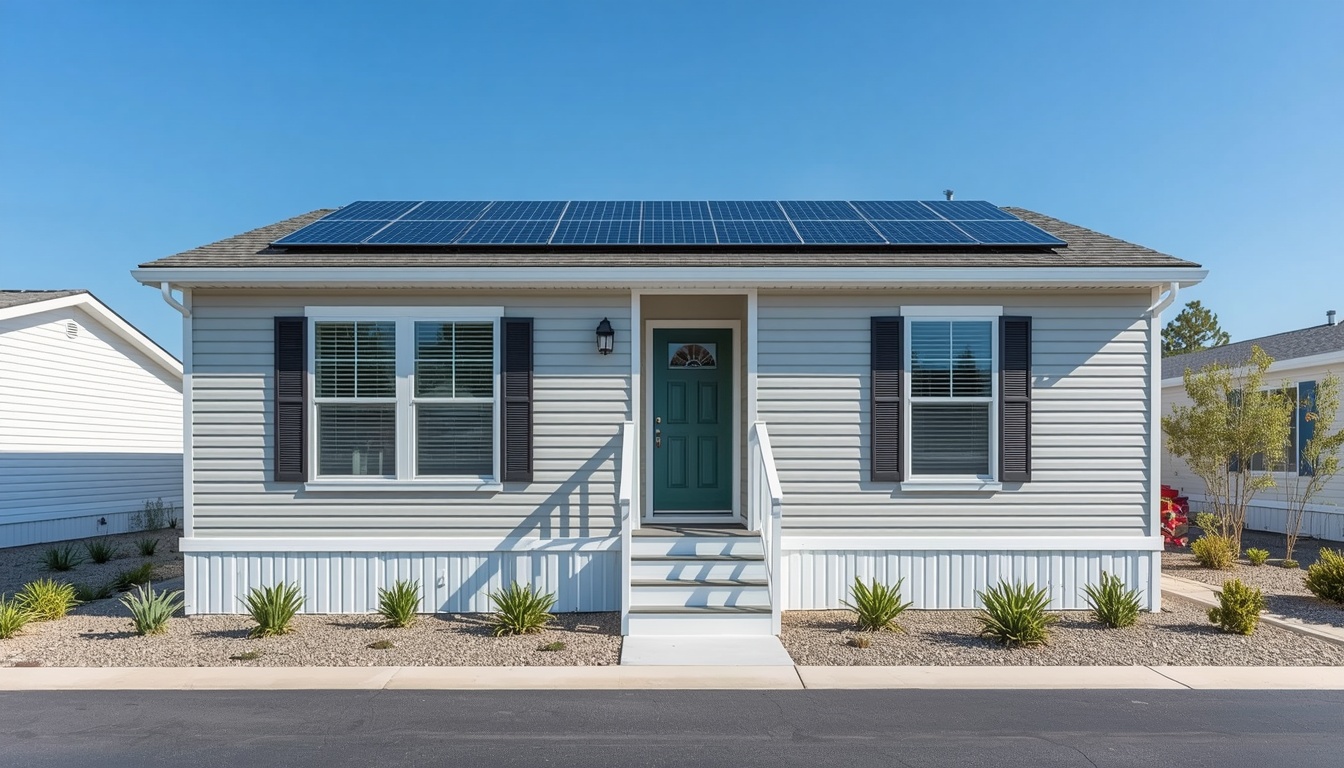 A manufactured home with newly installed solar panels on a sunny day