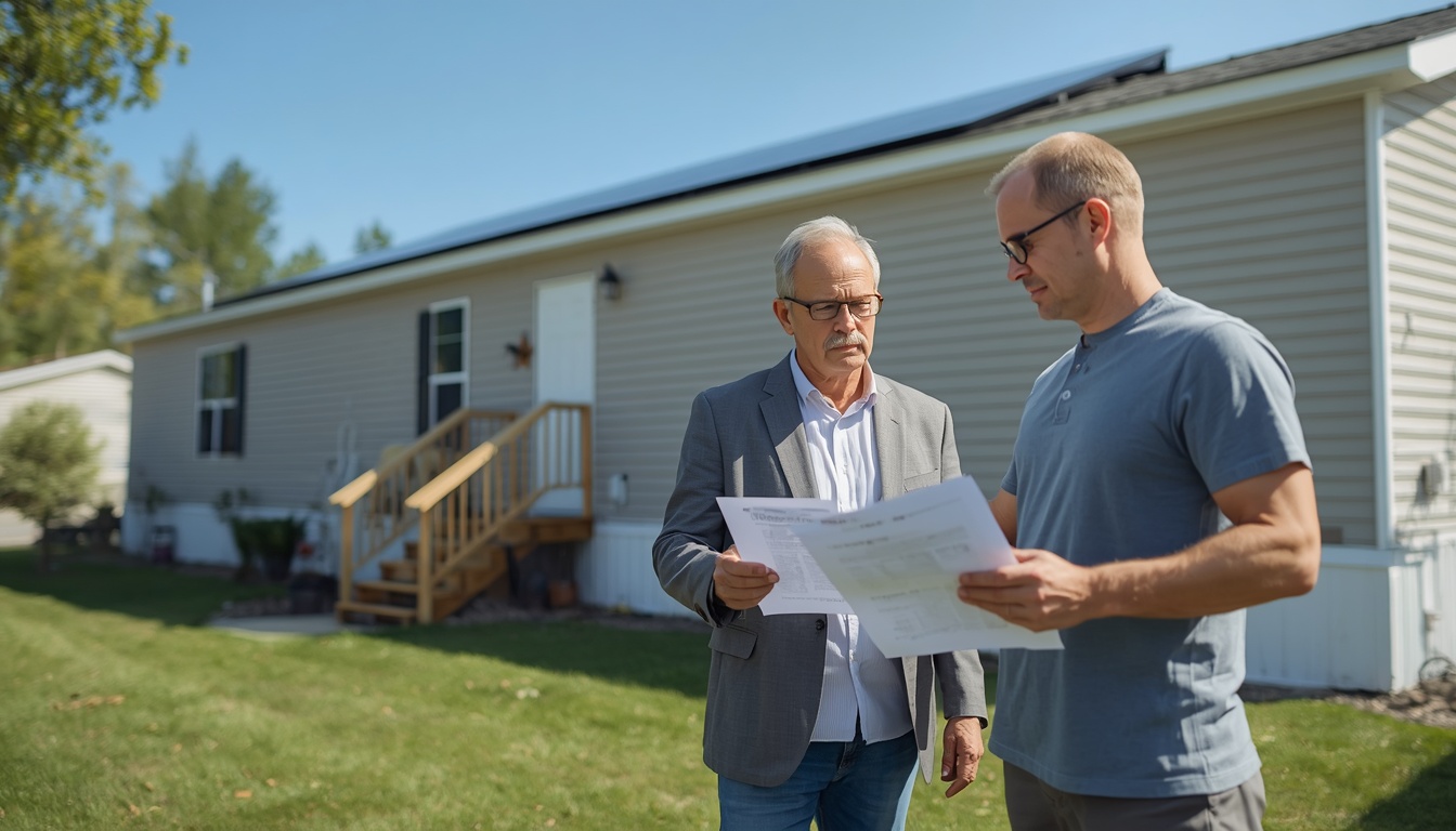 A homeowner reviewing paperwork with a solar installer outside a manufactured home