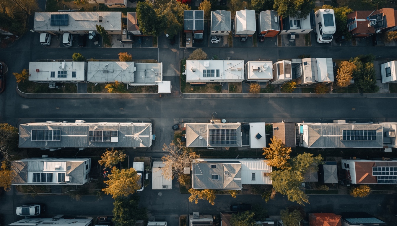 An aerial view of a manufactured home park with solar panels on several rooftops