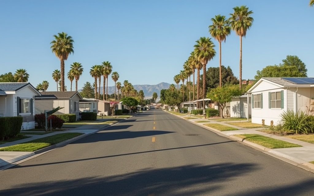 A sunlit manufactured home community with solar-equipped homes